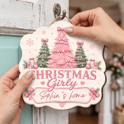 Personalized Christmas Girly Trees Custom Shape Wood Sign, Custom Family Name Pink Coquette Christmas Tree Wooden Hanging Plaque, Pastel Holiday Door & Wall Decor Family Gift