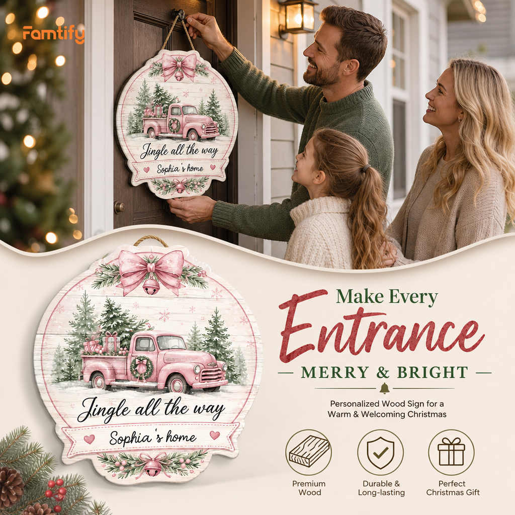 Personalized Pink Truck Jingle All The Way Custom Shape Wood Sign, Custom Family Name Vintage Pink Truck Christmas Tree Wooden Hanging Plaque, Pastel Holiday Door & Wall Decor Family Gift