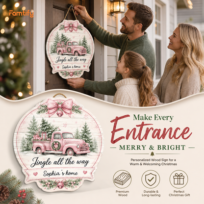 Personalized Pink Truck Jingle All The Way Custom Shape Wood Sign, Custom Family Name Vintage Pink Truck Christmas Tree Wooden Hanging Plaque, Pastel Holiday Door & Wall Decor Family Gift
