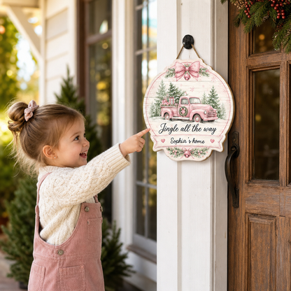 Personalized Pink Truck Jingle All The Way Custom Shape Wood Sign, Custom Family Name Vintage Pink Truck Christmas Tree Wooden Hanging Plaque, Pastel Holiday Door & Wall Decor Family Gift
