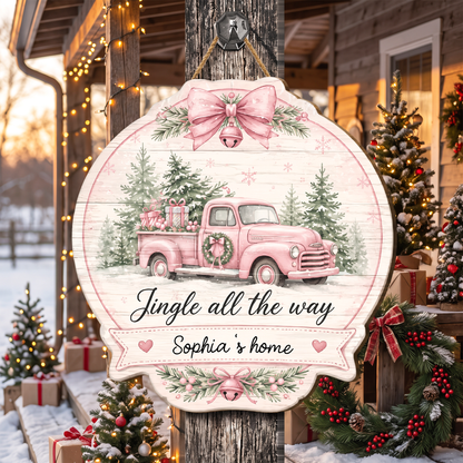 Personalized Pink Truck Jingle All The Way Custom Shape Wood Sign, Custom Family Name Vintage Pink Truck Christmas Tree Wooden Hanging Plaque, Pastel Holiday Door & Wall Decor Family Gift