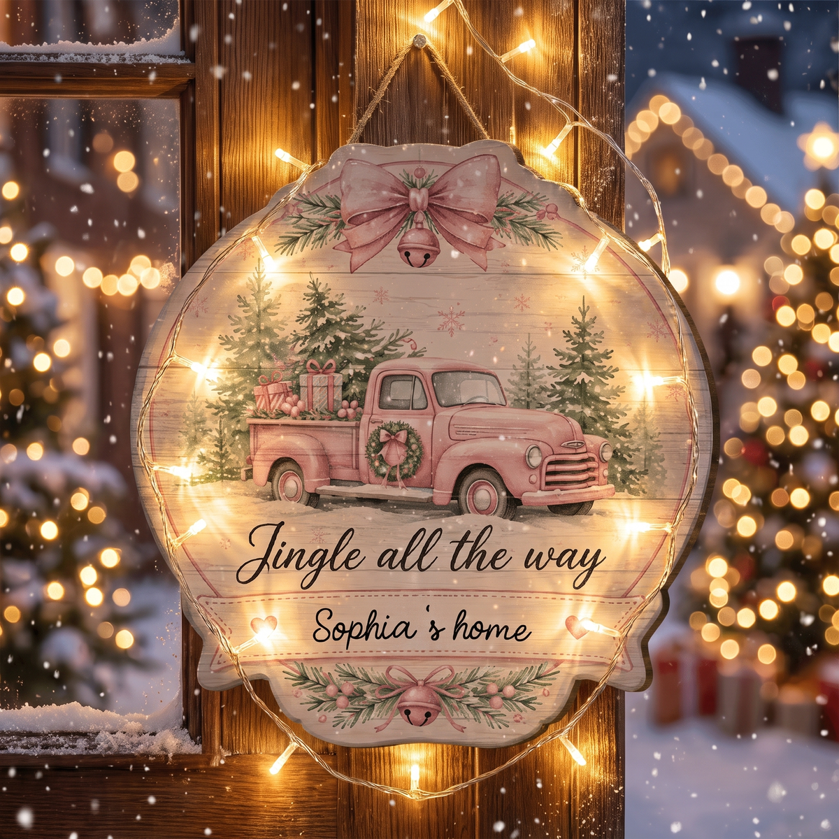 Personalized Pink Truck Jingle All The Way Custom Shape Wood Sign, Custom Family Name Vintage Pink Truck Christmas Tree Wooden Hanging Plaque, Pastel Holiday Door & Wall Decor Family Gift