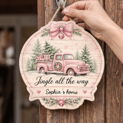 Personalized Pink Truck Jingle All The Way Custom Shape Wood Sign, Custom Family Name Vintage Pink Truck Christmas Tree Wooden Hanging Plaque, Pastel Holiday Door & Wall Decor Family Gift