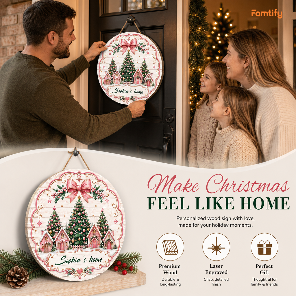 Personalized Pink Christmas Village Houses Custom Shape Wood Sign, Custom Family Name Pink Gingerbread Winter Cottage Wooden Hanging Plaque, Pastel Holiday Door & Wall Decor Family Gift