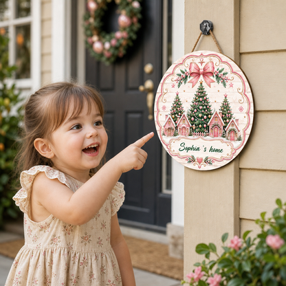 Personalized Pink Christmas Village Houses Custom Shape Wood Sign, Custom Family Name Pink Gingerbread Winter Cottage Wooden Hanging Plaque, Pastel Holiday Door & Wall Decor Family Gift