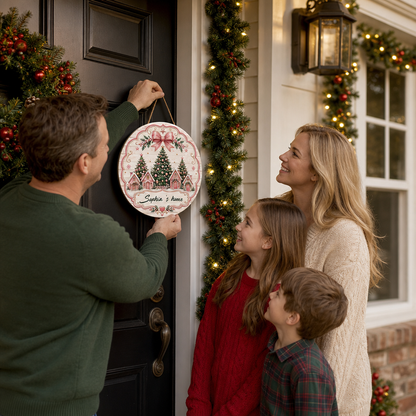 Personalized Pink Christmas Village Houses Custom Shape Wood Sign, Custom Family Name Pink Gingerbread Winter Cottage Wooden Hanging Plaque, Pastel Holiday Door & Wall Decor Family Gift