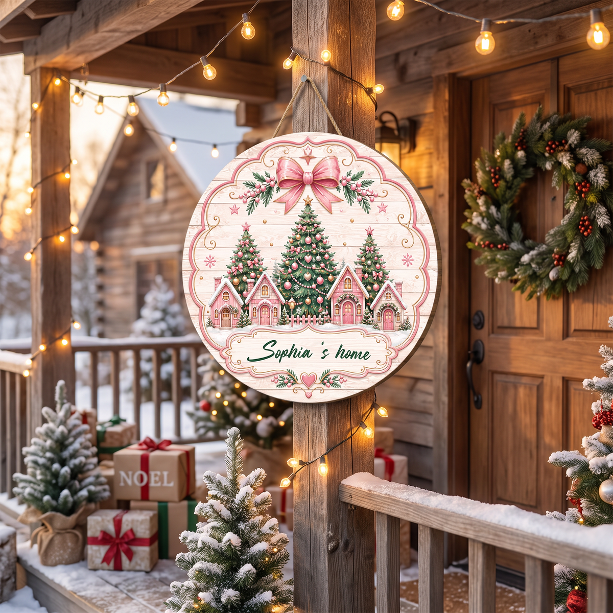 Personalized Pink Christmas Village Houses Custom Shape Wood Sign, Custom Family Name Pink Gingerbread Winter Cottage Wooden Hanging Plaque, Pastel Holiday Door & Wall Decor Family Gift