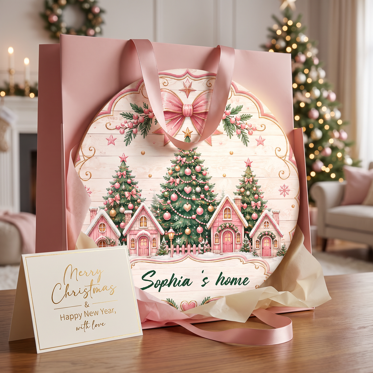 Personalized Pink Christmas Village Houses Custom Shape Wood Sign, Custom Family Name Pink Gingerbread Winter Cottage Wooden Hanging Plaque, Pastel Holiday Door & Wall Decor Family Gift