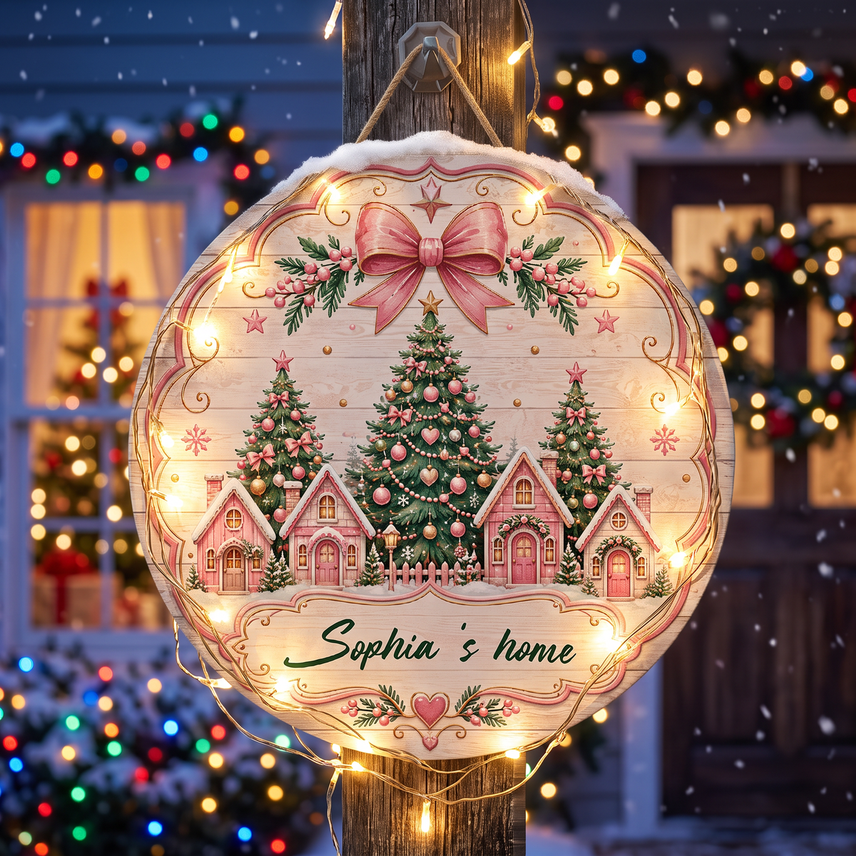 Personalized Pink Christmas Village Houses Custom Shape Wood Sign, Custom Family Name Pink Gingerbread Winter Cottage Wooden Hanging Plaque, Pastel Holiday Door & Wall Decor Family Gift