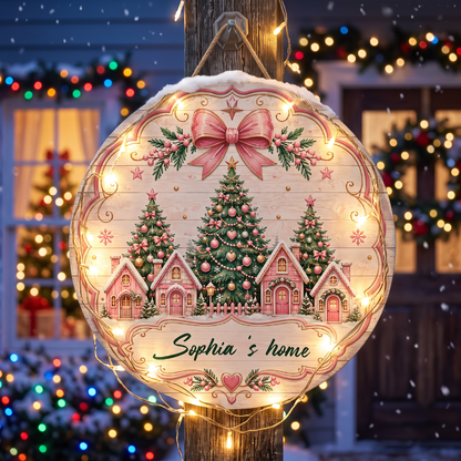 Personalized Pink Christmas Village Houses Custom Shape Wood Sign, Custom Family Name Pink Gingerbread Winter Cottage Wooden Hanging Plaque, Pastel Holiday Door & Wall Decor Family Gift