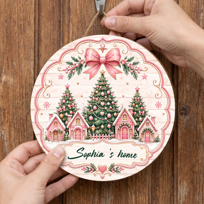 Personalized Pink Christmas Village Houses Custom Shape Wood Sign, Custom Family Name Pink Gingerbread Winter Cottage Wooden Hanging Plaque, Pastel Holiday Door & Wall Decor Family Gift