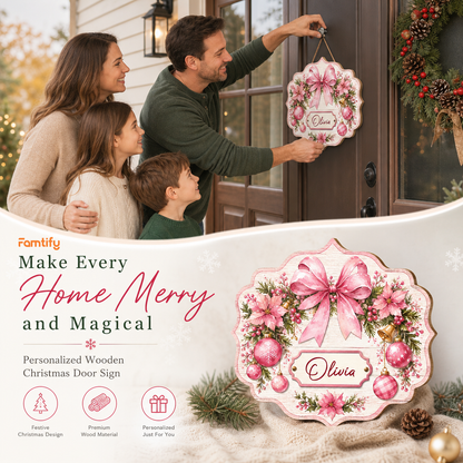 Personalized Pink Bow Poinsettia Wreath Custom Shape Wood Sign, Custom Family Name Pink Ribbon Christmas Bauble Wooden Hanging Plaque, Pastel Holiday Door & Wall Decor Family Gift