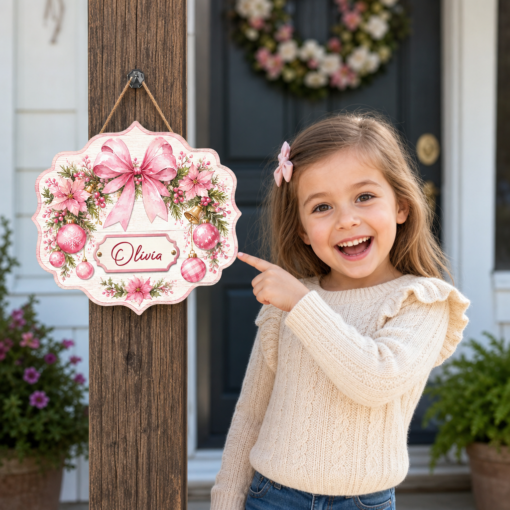 Personalized Pink Bow Poinsettia Wreath Custom Shape Wood Sign, Custom Family Name Pink Ribbon Christmas Bauble Wooden Hanging Plaque, Pastel Holiday Door & Wall Decor Family Gift