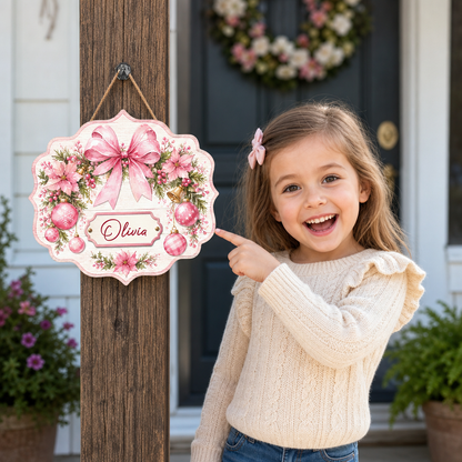 Personalized Pink Bow Poinsettia Wreath Custom Shape Wood Sign, Custom Family Name Pink Ribbon Christmas Bauble Wooden Hanging Plaque, Pastel Holiday Door & Wall Decor Family Gift