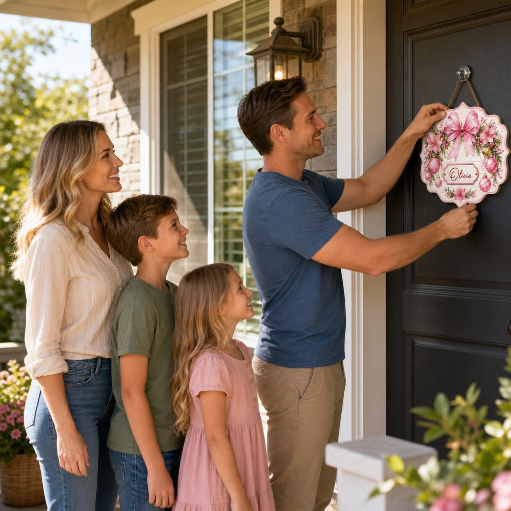 Personalized Pink Bow Poinsettia Wreath Custom Shape Wood Sign, Custom Family Name Pink Ribbon Christmas Bauble Wooden Hanging Plaque, Pastel Holiday Door & Wall Decor Family Gift
