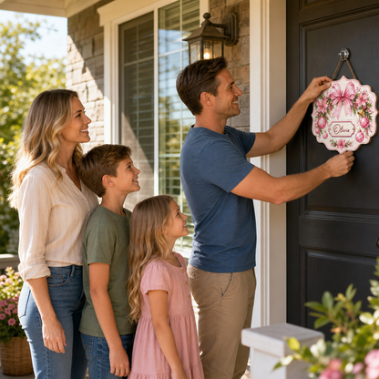 Personalized Pink Bow Poinsettia Wreath Custom Shape Wood Sign, Custom Family Name Pink Ribbon Christmas Bauble Wooden Hanging Plaque, Pastel Holiday Door & Wall Decor Family Gift