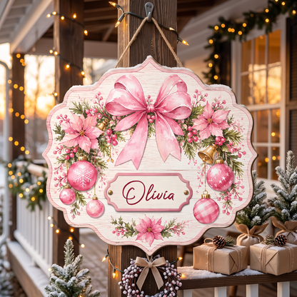Personalized Pink Bow Poinsettia Wreath Custom Shape Wood Sign, Custom Family Name Pink Ribbon Christmas Bauble Wooden Hanging Plaque, Pastel Holiday Door & Wall Decor Family Gift
