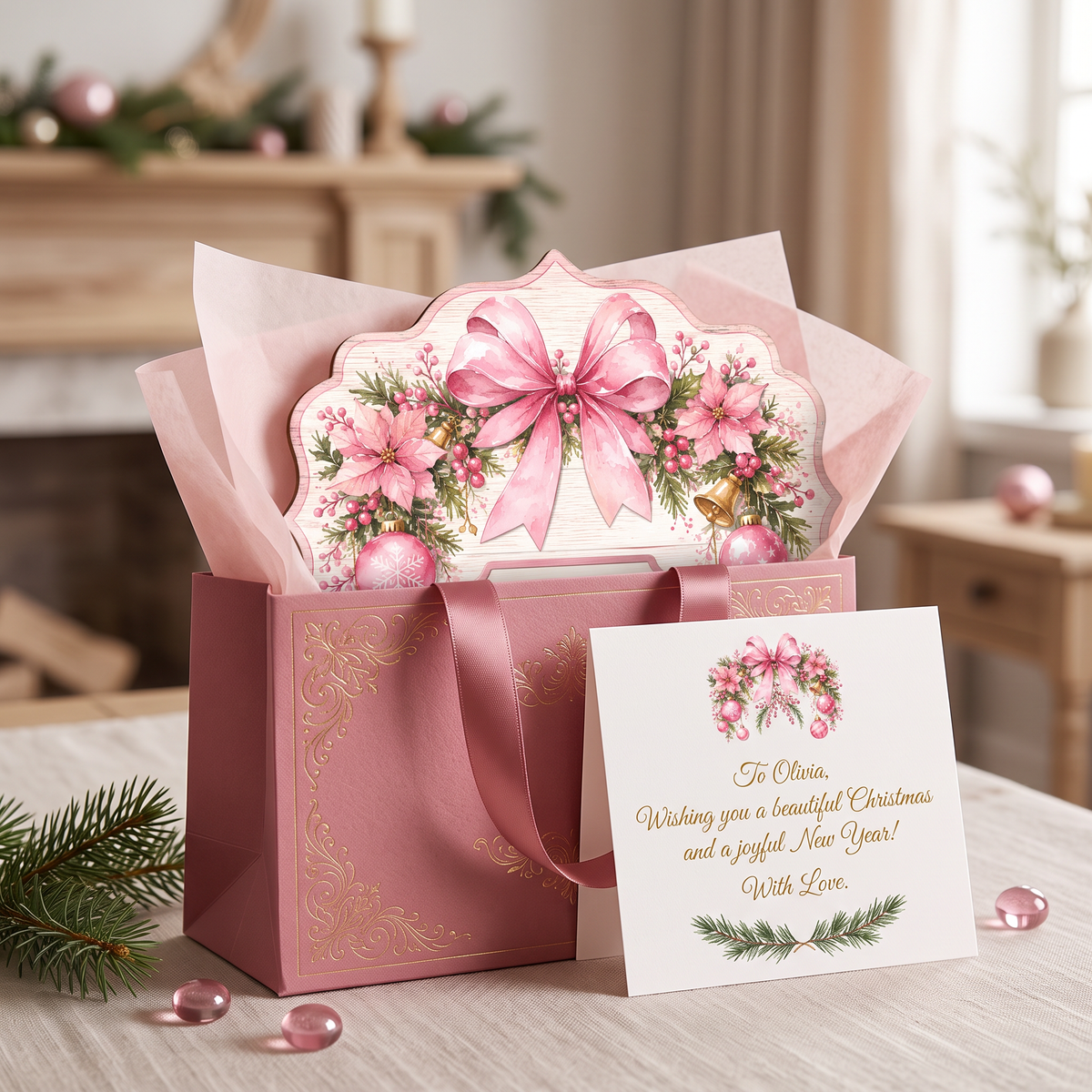 Personalized Pink Bow Poinsettia Wreath Custom Shape Wood Sign, Custom Family Name Pink Ribbon Christmas Bauble Wooden Hanging Plaque, Pastel Holiday Door & Wall Decor Family Gift
