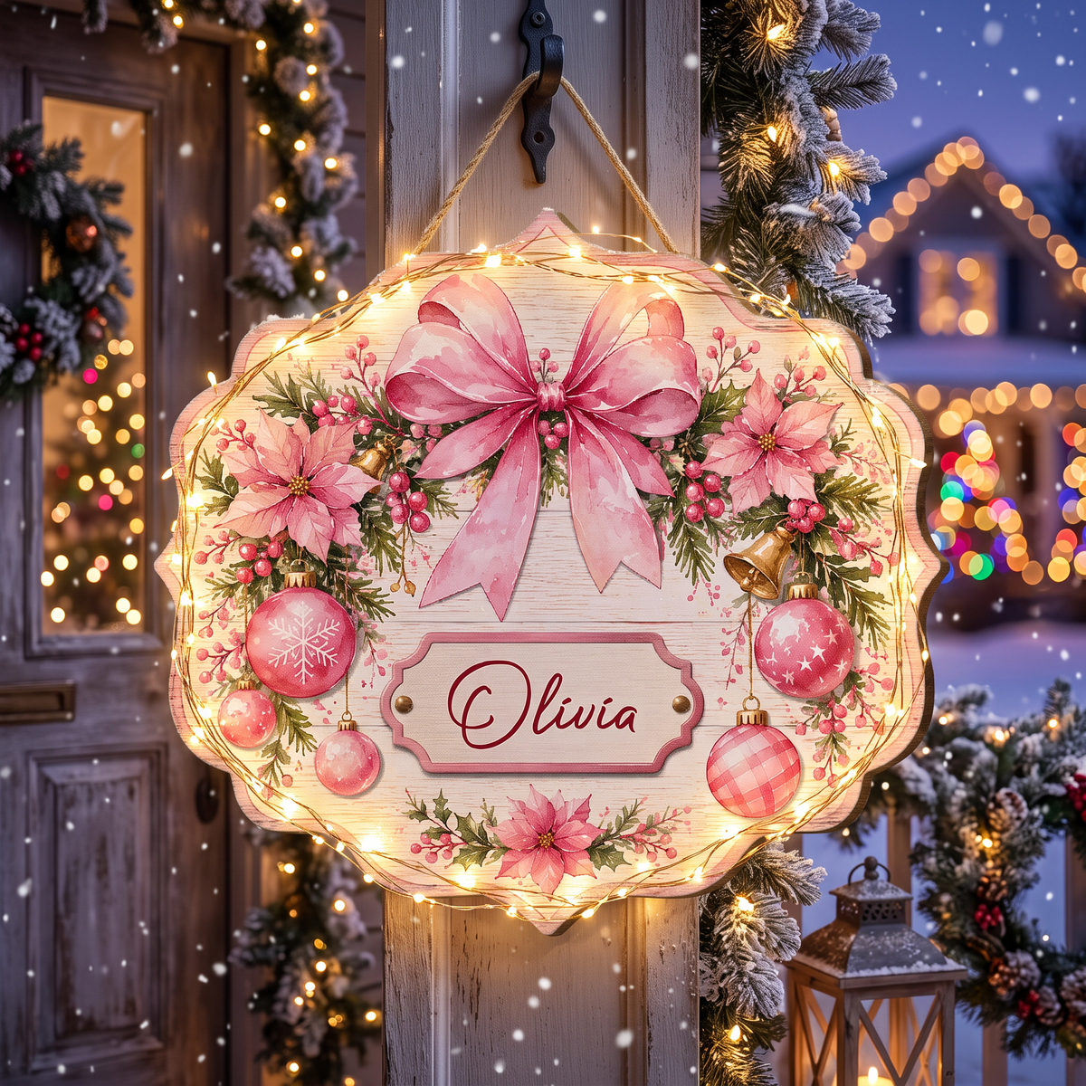 Personalized Pink Bow Poinsettia Wreath Custom Shape Wood Sign, Custom Family Name Pink Ribbon Christmas Bauble Wooden Hanging Plaque, Pastel Holiday Door & Wall Decor Family Gift