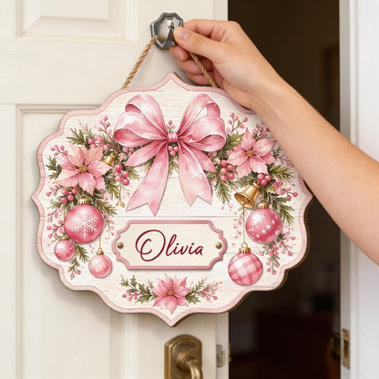 Personalized Pink Bow Poinsettia Wreath Custom Shape Wood Sign, Custom Family Name Pink Ribbon Christmas Bauble Wooden Hanging Plaque, Pastel Holiday Door & Wall Decor Family Gift