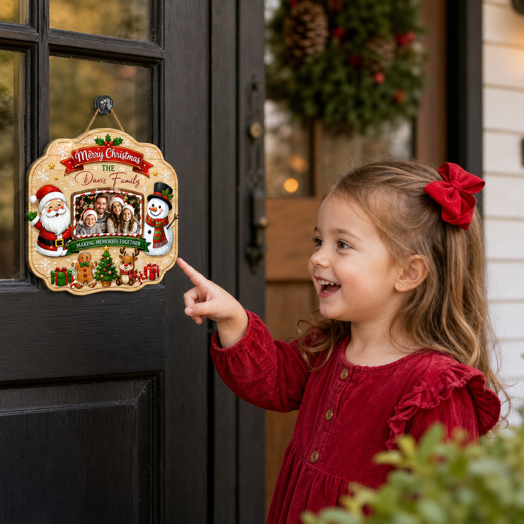 Personalized Merry Christmas Photo Frame Custom Shape Wood Sign, Custom Family Picture Name Santa Snowman Reindeer Wooden Hanging Plaque, Holiday Door & Wall Decor Family Gift