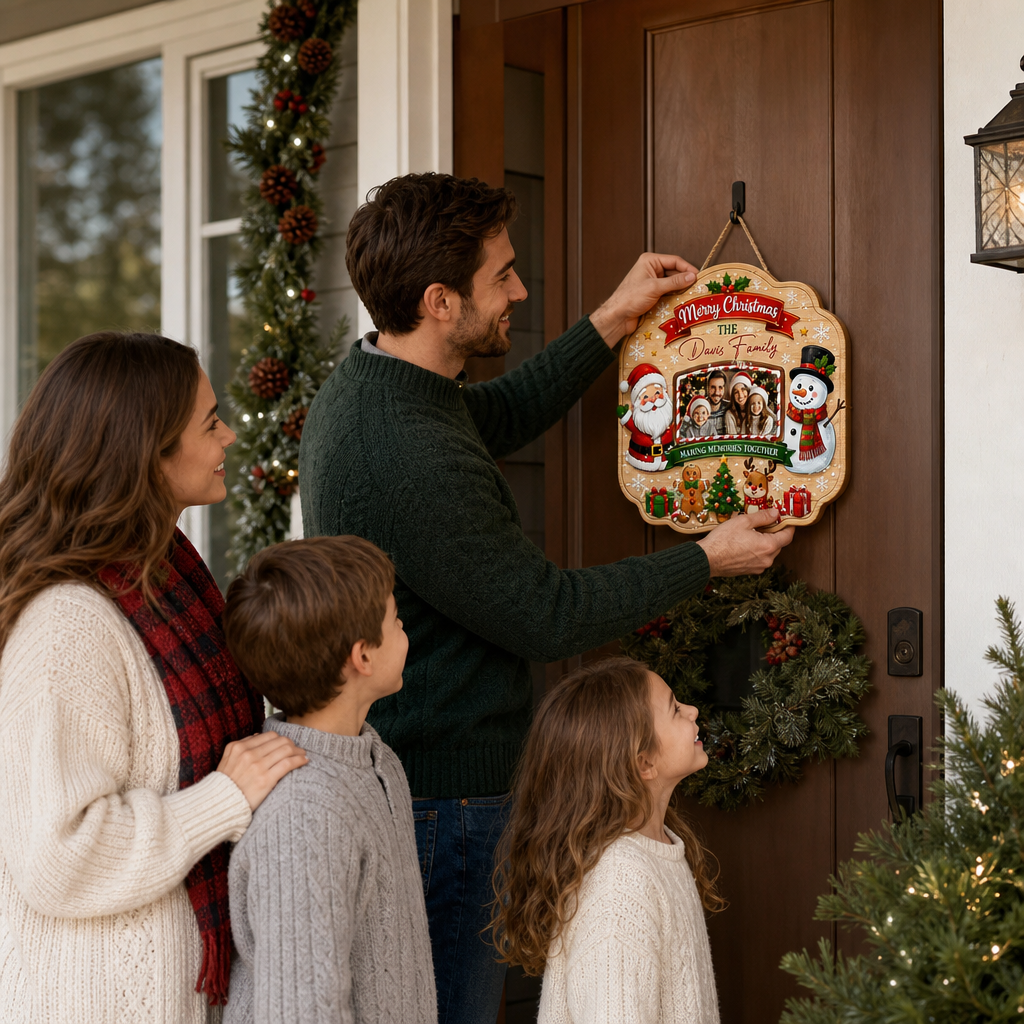 Personalized Merry Christmas Photo Frame Custom Shape Wood Sign, Custom Family Picture Name Santa Snowman Reindeer Wooden Hanging Plaque, Holiday Door & Wall Decor Family Gift