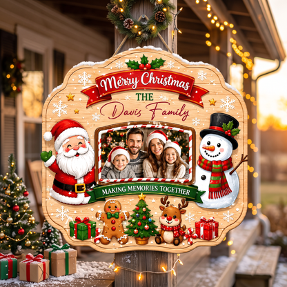 Personalized Merry Christmas Photo Frame Custom Shape Wood Sign, Custom Family Picture Name Santa Snowman Reindeer Wooden Hanging Plaque, Holiday Door & Wall Decor Family Gift