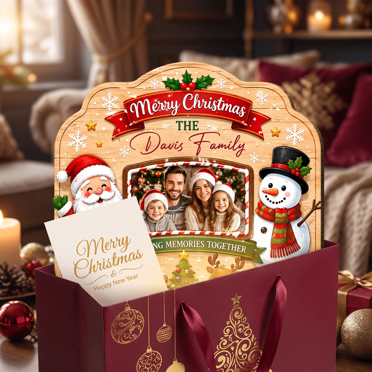 Personalized Merry Christmas Photo Frame Custom Shape Wood Sign, Custom Family Picture Name Santa Snowman Reindeer Wooden Hanging Plaque, Holiday Door & Wall Decor Family Gift