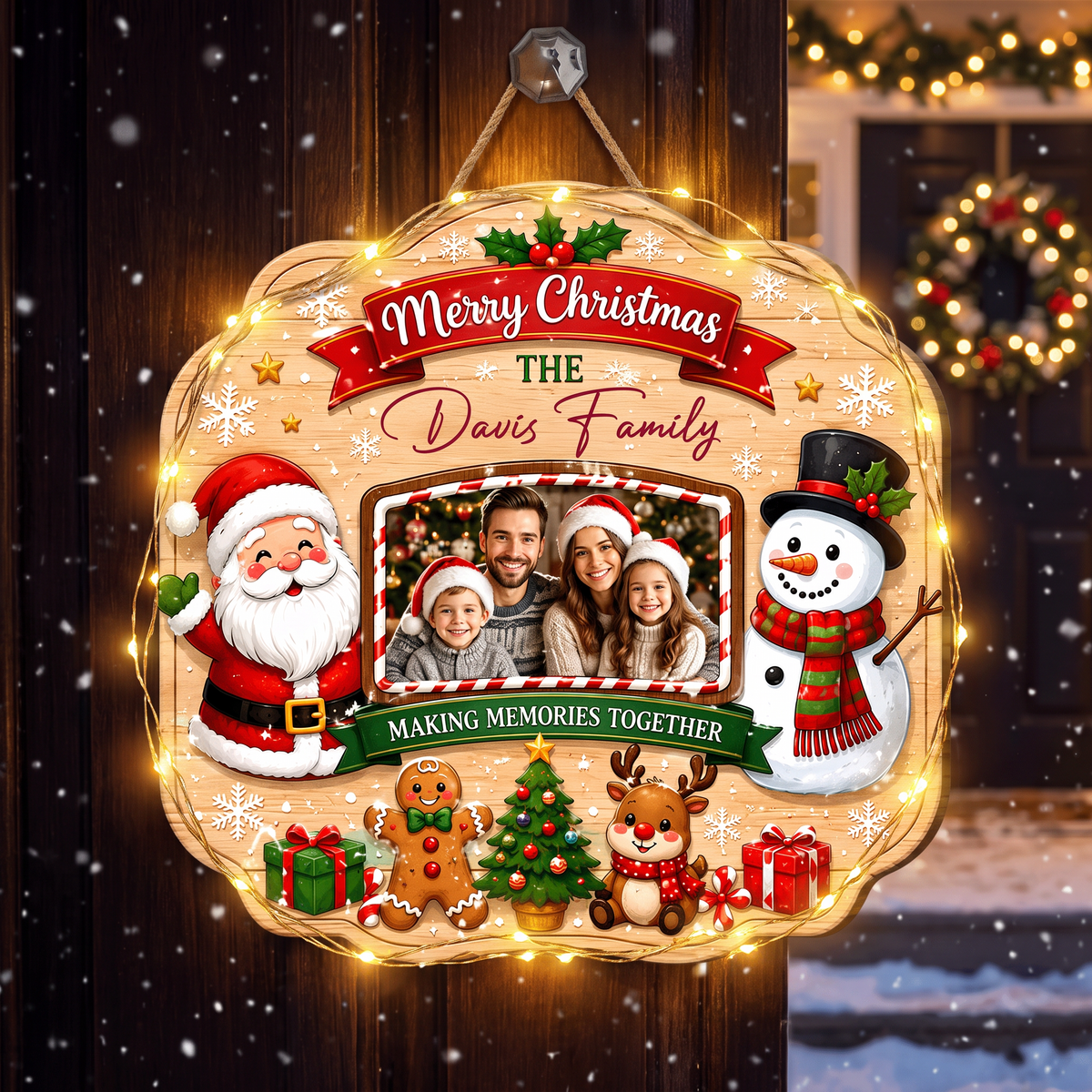 Personalized Merry Christmas Photo Frame Custom Shape Wood Sign, Custom Family Picture Name Santa Snowman Reindeer Wooden Hanging Plaque, Holiday Door & Wall Decor Family Gift