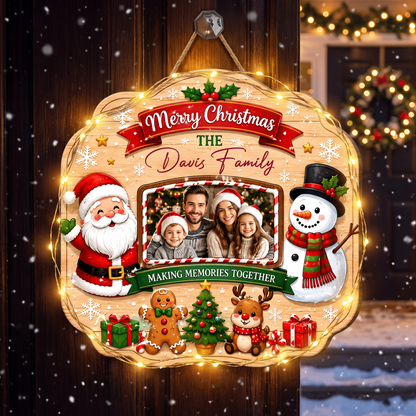Personalized Merry Christmas Photo Frame Custom Shape Wood Sign, Custom Family Picture Name Santa Snowman Reindeer Wooden Hanging Plaque, Holiday Door & Wall Decor Family Gift
