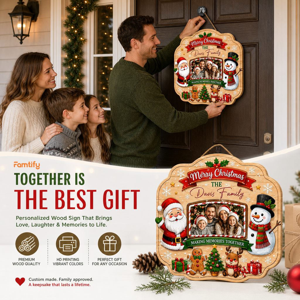 Personalized Merry Christmas Photo Frame Custom Shape Wood Sign, Custom Family Picture Name Santa Snowman Reindeer Wooden Hanging Plaque, Holiday Door & Wall Decor Family Gift