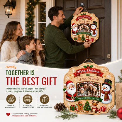 Personalized Merry Christmas Photo Frame Custom Shape Wood Sign, Custom Family Picture Name Santa Snowman Reindeer Wooden Hanging Plaque, Holiday Door & Wall Decor Family Gift