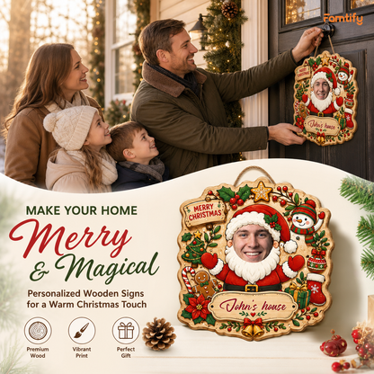 Personalized Custom Face Santa Claus Christmas Custom Shape Wood Sign, Custom Photo Head Santa Snowman Reindeer Wooden Hanging Plaque, Holiday Door & Wall Decor Family Gift