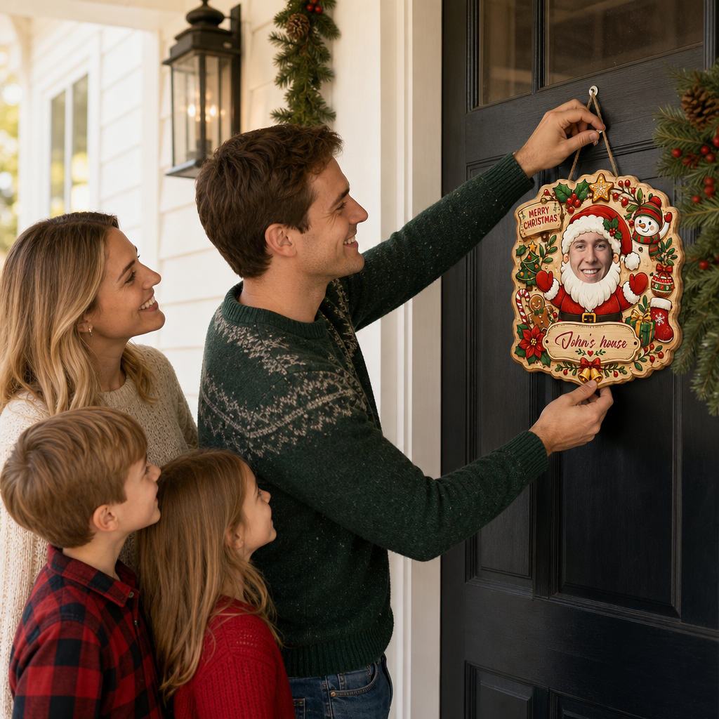 Personalized Custom Face Santa Claus Christmas Custom Shape Wood Sign, Custom Photo Head Santa Snowman Reindeer Wooden Hanging Plaque, Holiday Door & Wall Decor Family Gift