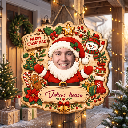 Personalized Custom Face Santa Claus Christmas Custom Shape Wood Sign, Custom Photo Head Santa Snowman Reindeer Wooden Hanging Plaque, Holiday Door & Wall Decor Family Gift