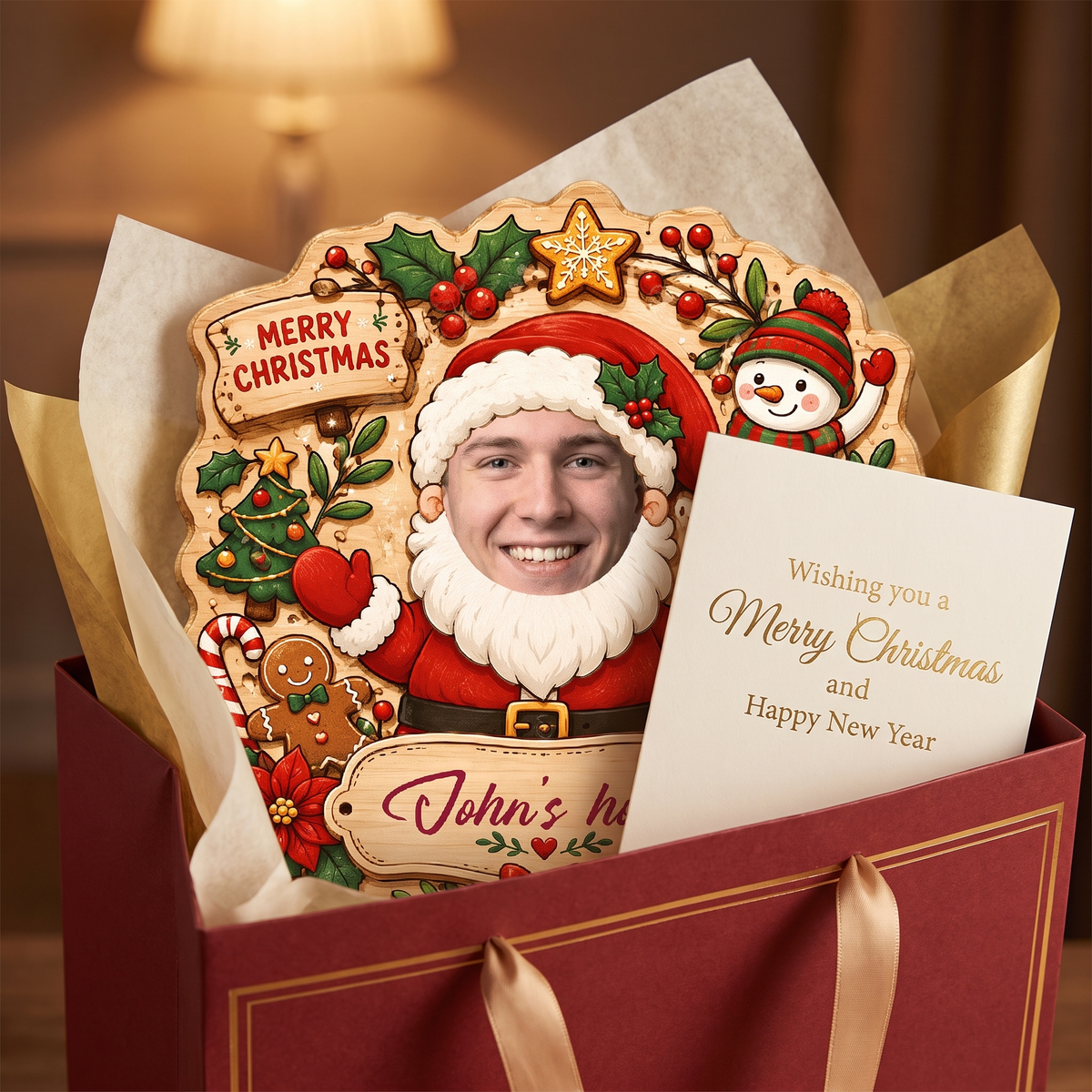 Personalized Custom Face Santa Claus Christmas Custom Shape Wood Sign, Custom Photo Head Santa Snowman Reindeer Wooden Hanging Plaque, Holiday Door & Wall Decor Family Gift