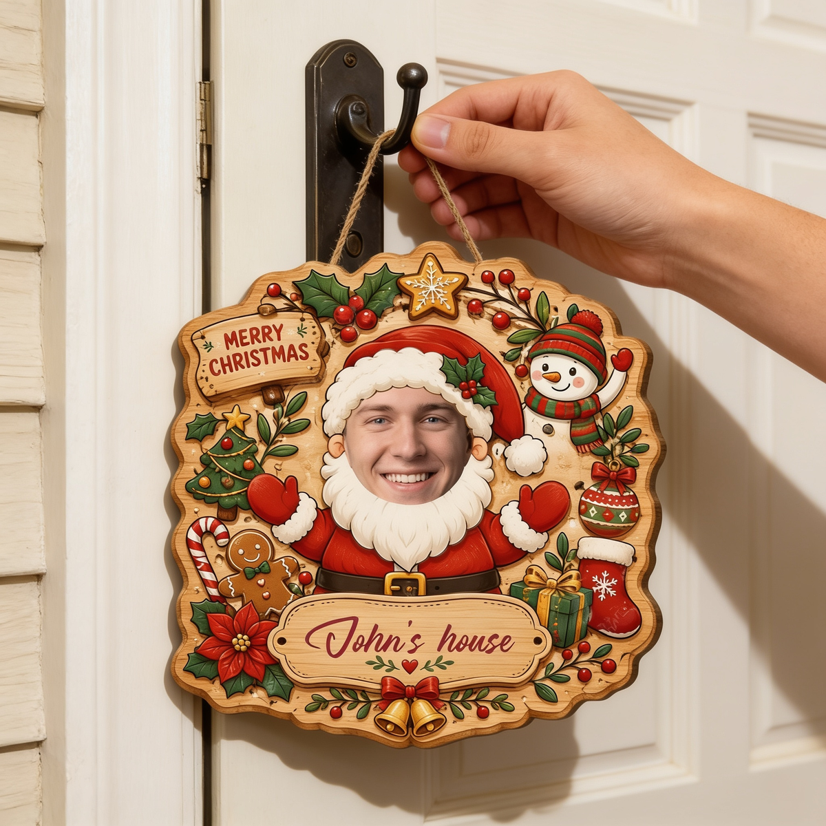 Personalized Custom Face Santa Claus Christmas Custom Shape Wood Sign, Custom Photo Head Santa Snowman Reindeer Wooden Hanging Plaque, Holiday Door & Wall Decor Family Gift