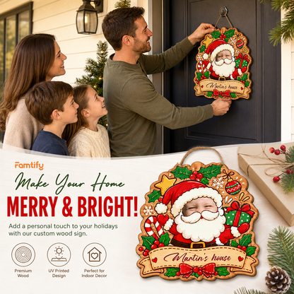 Personalized Cute Baby Custom Face Santa Christmas Custom Shape Wood Sign, Custom Photo Head Santa Claus Gift Box Wooden Hanging Plaque, Festive Holiday Door & Wall Decor Family Gift