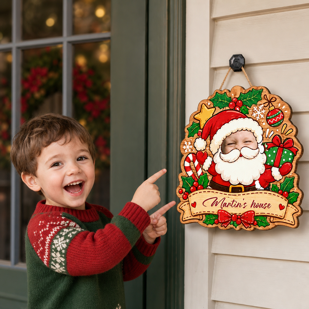 Personalized Cute Baby Custom Face Santa Christmas Custom Shape Wood Sign, Custom Photo Head Santa Claus Gift Box Wooden Hanging Plaque, Festive Holiday Door & Wall Decor Family Gift