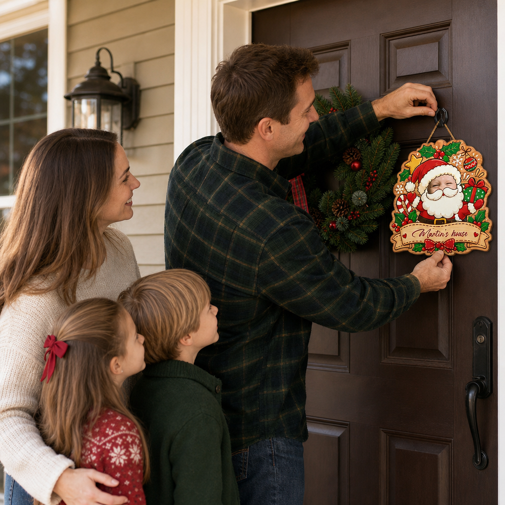 Personalized Cute Baby Custom Face Santa Christmas Custom Shape Wood Sign, Custom Photo Head Santa Claus Gift Box Wooden Hanging Plaque, Festive Holiday Door & Wall Decor Family Gift