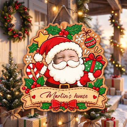 Personalized Cute Baby Custom Face Santa Christmas Custom Shape Wood Sign, Custom Photo Head Santa Claus Gift Box Wooden Hanging Plaque, Festive Holiday Door & Wall Decor Family Gift
