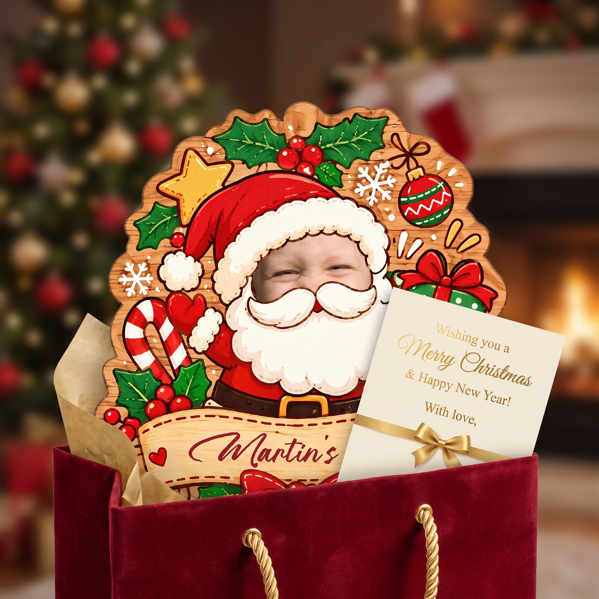 Personalized Cute Baby Custom Face Santa Christmas Custom Shape Wood Sign, Custom Photo Head Santa Claus Gift Box Wooden Hanging Plaque, Festive Holiday Door & Wall Decor Family Gift