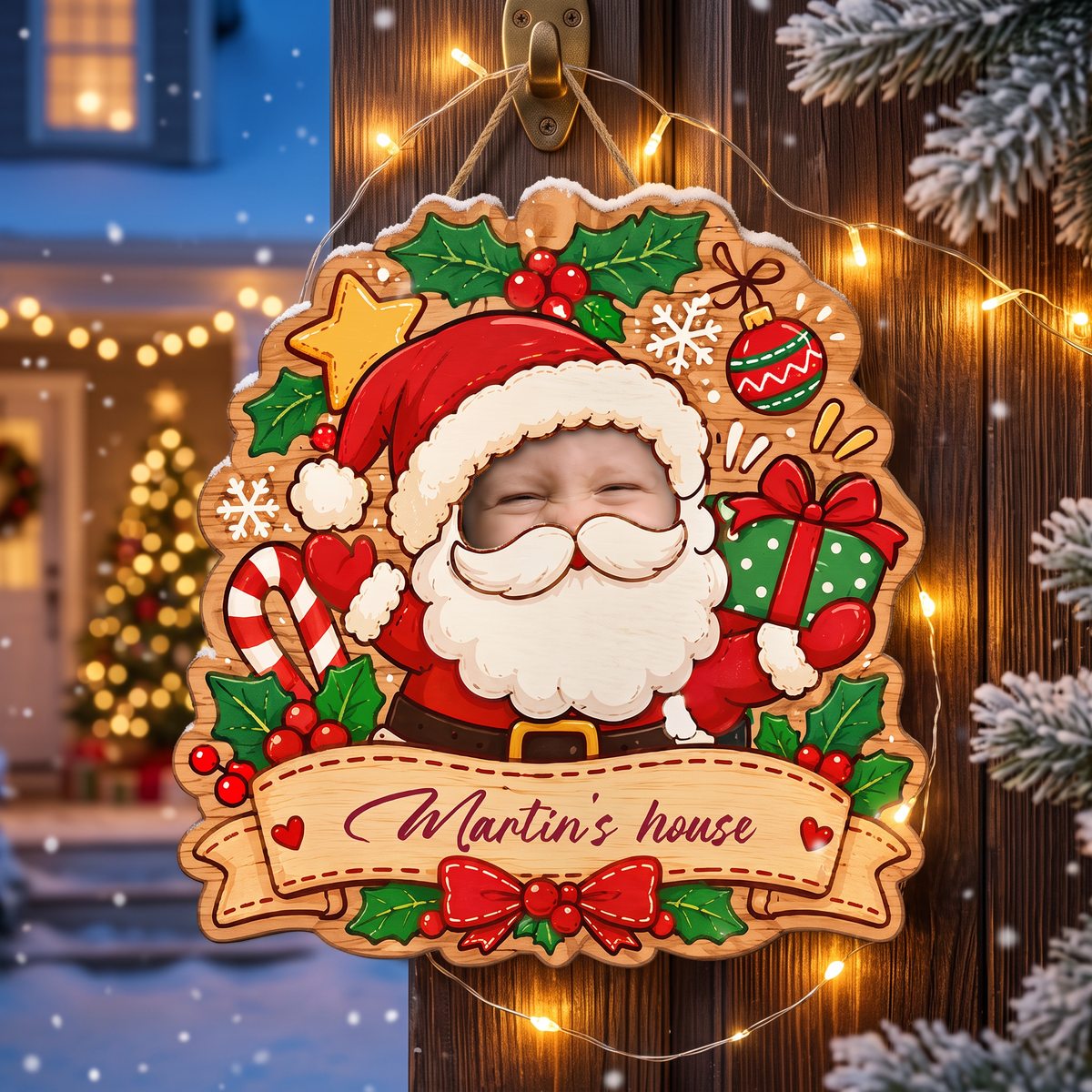 Personalized Cute Baby Custom Face Santa Christmas Custom Shape Wood Sign, Custom Photo Head Santa Claus Gift Box Wooden Hanging Plaque, Festive Holiday Door & Wall Decor Family Gift