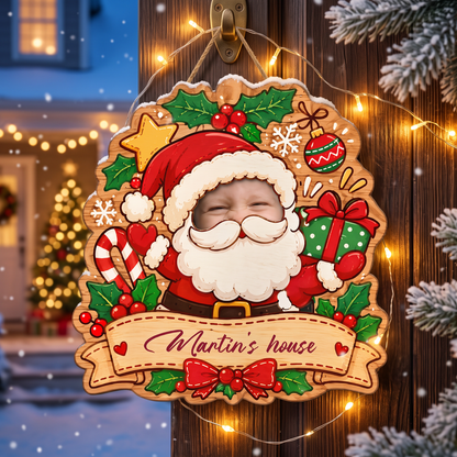 Personalized Cute Baby Custom Face Santa Christmas Custom Shape Wood Sign, Custom Photo Head Santa Claus Gift Box Wooden Hanging Plaque, Festive Holiday Door & Wall Decor Family Gift