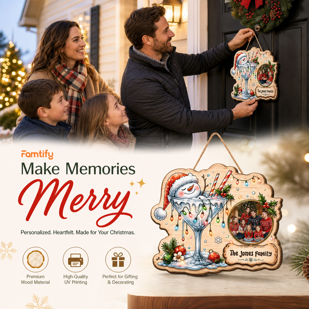Shop custom Christmas wooden signs! Durable 0.5cm plywood cutout featuring a snowman in a cocktail glass, Christmas lights, custom family photo & personalized plaque!