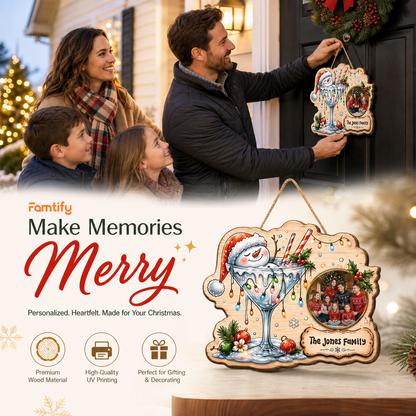 Shop custom Christmas wooden signs! Durable 0.5cm plywood cutout featuring a snowman in a cocktail glass, Christmas lights, custom family photo & personalized plaque!