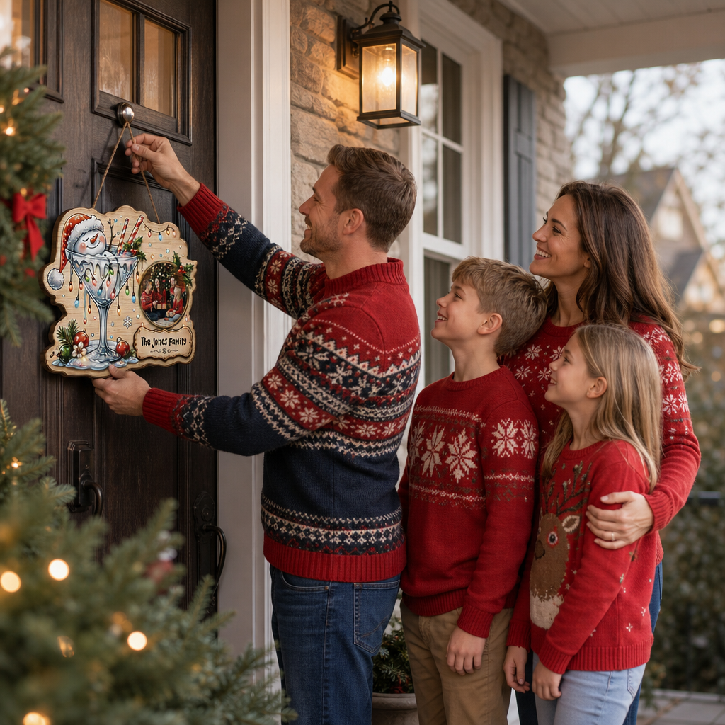 Shop custom Christmas wooden signs! Durable 0.5cm plywood cutout featuring a snowman in a cocktail glass, Christmas lights, custom family photo & personalized plaque!