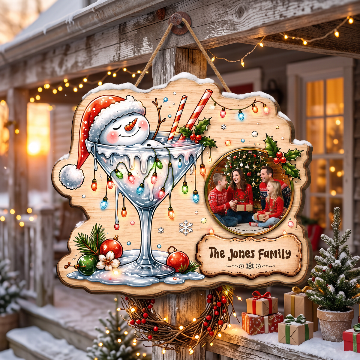 Shop custom Christmas wooden signs! Durable 0.5cm plywood cutout featuring a snowman in a cocktail glass, Christmas lights, custom family photo & personalized plaque!