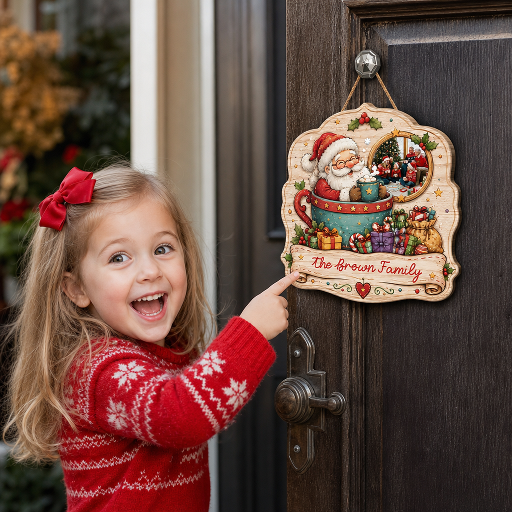 Personalized Santa in Teacup Photo Custom Shape Wood Sign, Custom Family Picture Name Hot Chocolate Wooden Hanging Plaque, Cozy Holiday Door & Wall Decor Family Gift
