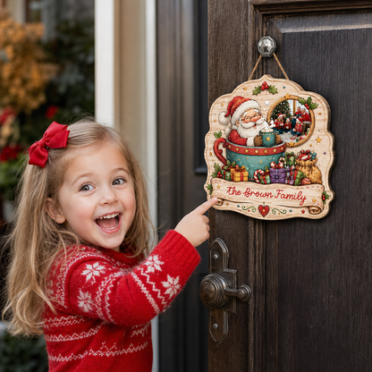 Personalized Santa in Teacup Photo Custom Shape Wood Sign, Custom Family Picture Name Hot Chocolate Wooden Hanging Plaque, Cozy Holiday Door & Wall Decor Family Gift